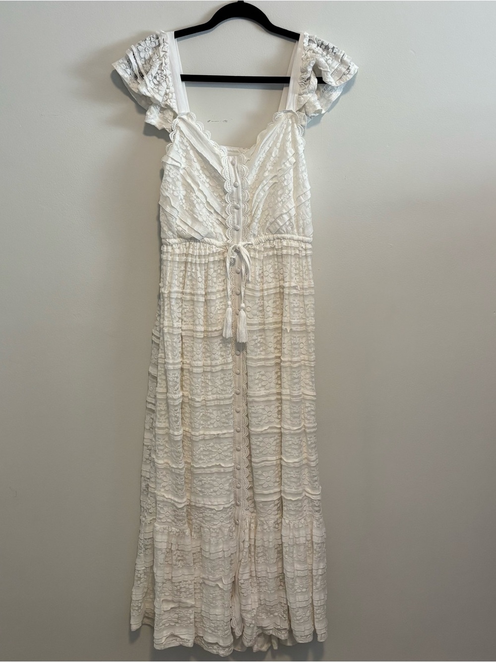 White Lace Tiered Maxi Dress with Tassel Tie
